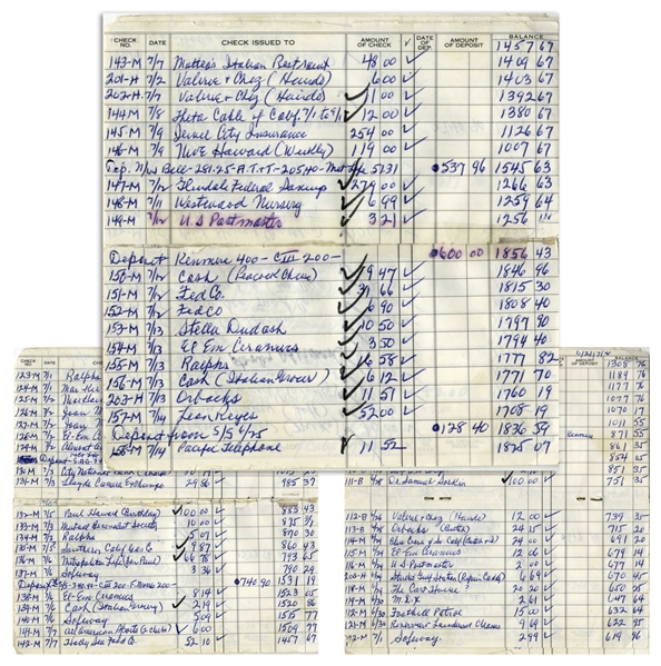 Moe Howard's Check Ledger From 1974, With His Handwritten Entries From June to August -- Approximately 80 Entries, Including Signatures -- Worn From Use, Very Good Condition